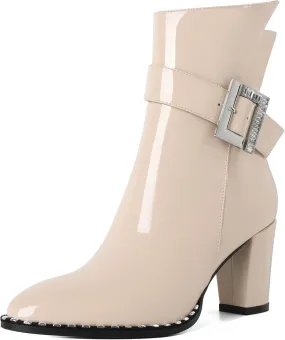 Eldof Ankle Boots for Women Block Chunky Heel Round Toe Beaded Heeled Fall Short Booties Buckle Strap Side Zipper 3 Inches