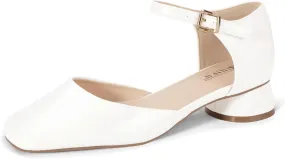 IDIFU Closed Toe Heels for Women Square Toe Low Block Chunky Heeled Pumps with Ankle Strap Buckle for Bride Wedding Comfortable Dressy Short Small Women's Dress Shoes Thick Heels