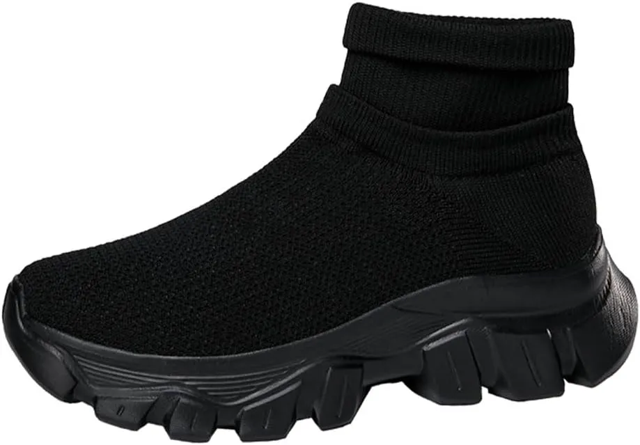 Mens Trainers High Top Sneaker, Knit Platform Breathable Lightweight Walking Shoes, Womens Sport Slip On Jogging Sneakers for Indoor and Outdoor