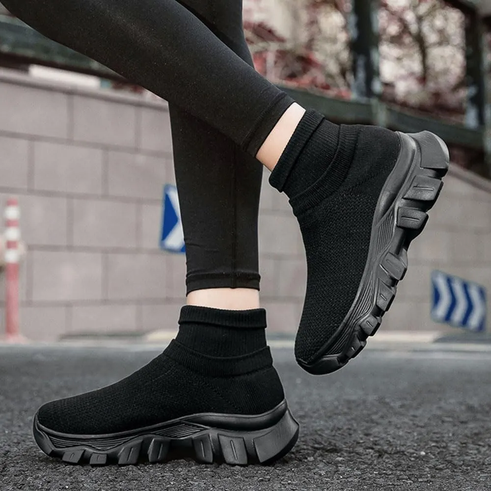 Mens Trainers High Top Sneaker, Knit Platform Breathable Lightweight Walking Shoes, Womens Sport Slip On Jogging Sneakers for Indoor and Outdoor