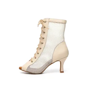 Mesh Panel Lace-Up Front Heeled Dance Boots