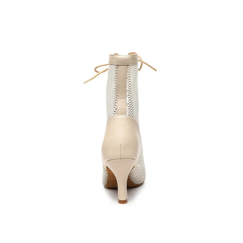 Mesh Panel Lace-Up Front Heeled Dance Boots