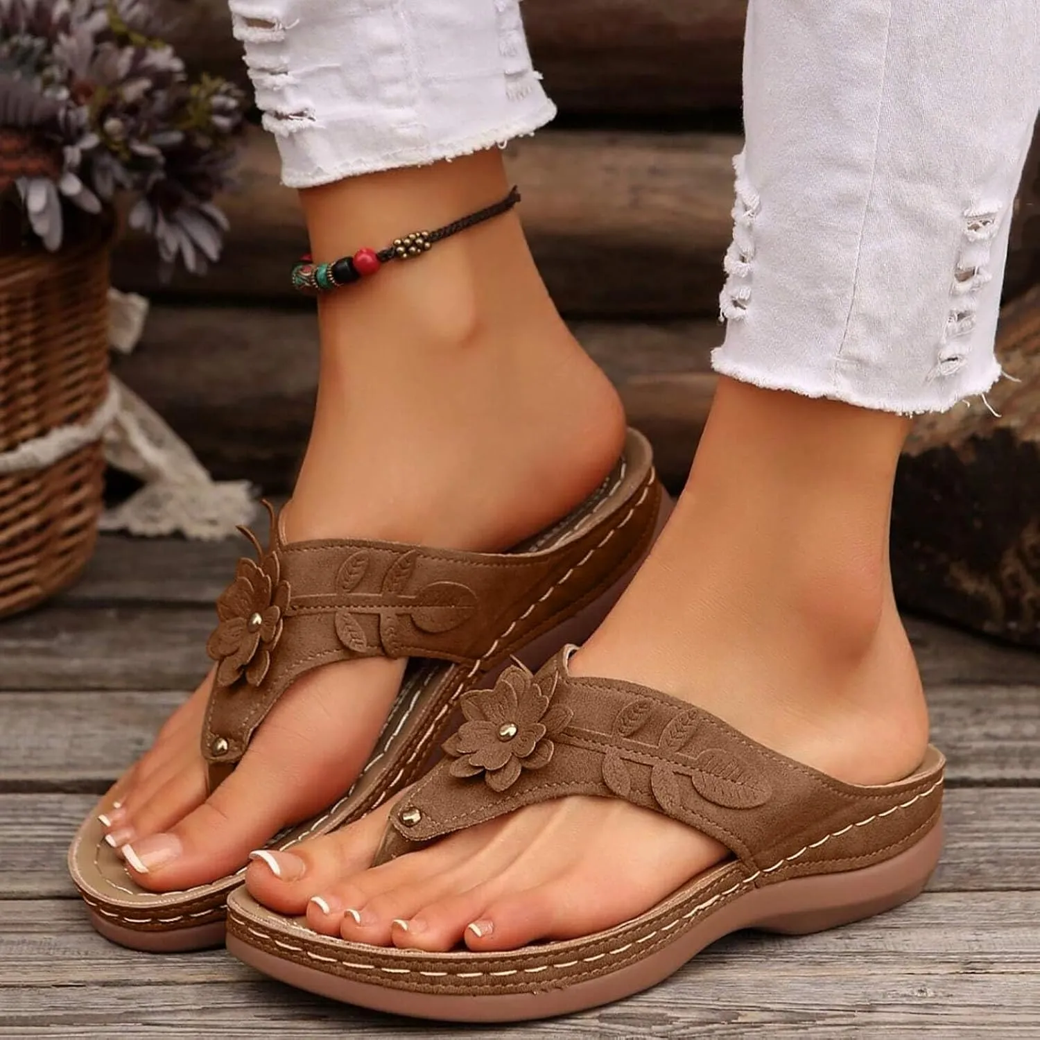 Orthopedic Slip on Sandals for Women 2025, Women Arch Support Flip Flops Wedge Sandals Comfortable Walking Sandals Platform Sandals Dressy Summer Slip on Sandals Thong Sandals Casual (4-Brown, 6.5)