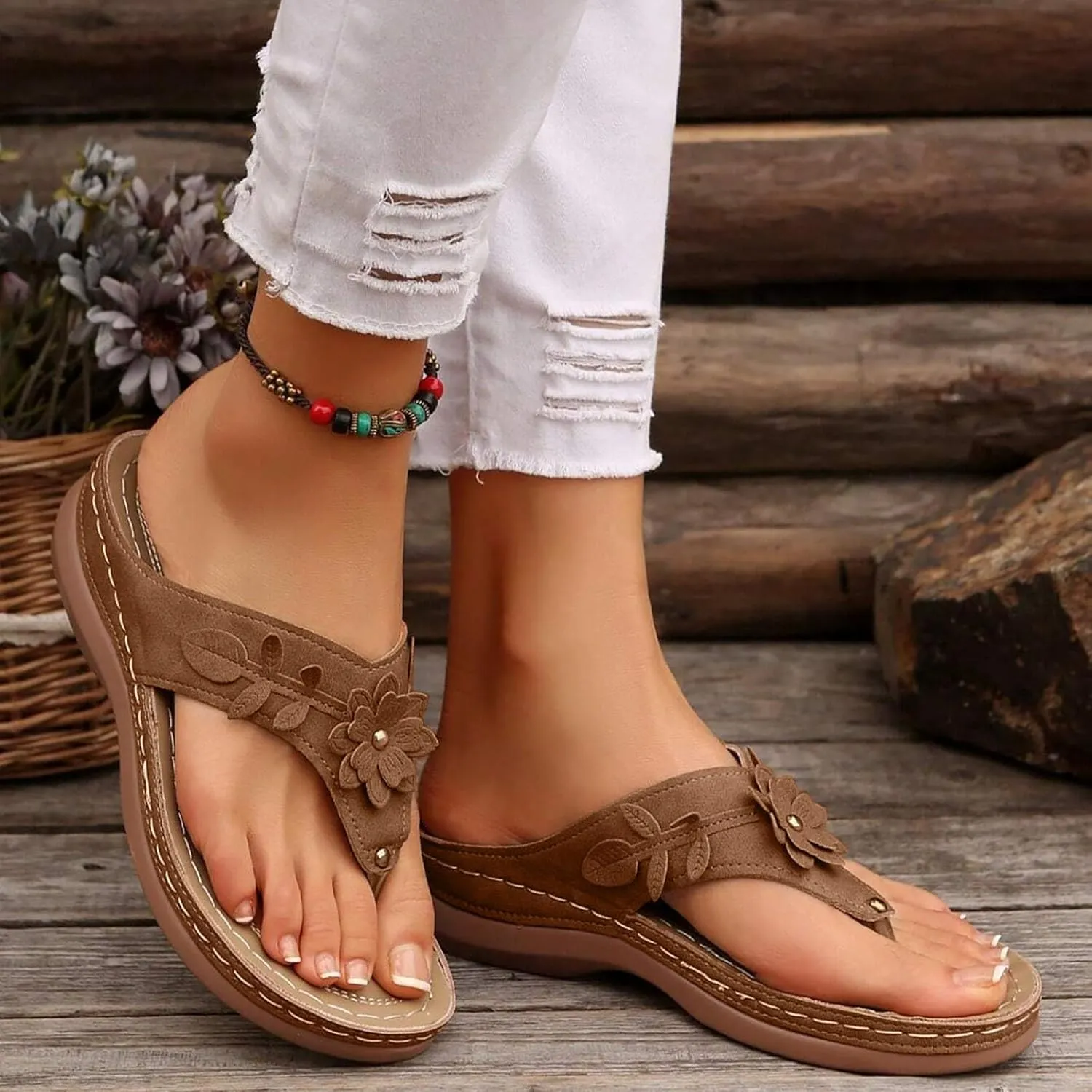 Orthopedic Slip on Sandals for Women 2025, Women Arch Support Flip Flops Wedge Sandals Comfortable Walking Sandals Platform Sandals Dressy Summer Slip on Sandals Thong Sandals Casual (4-Brown, 6.5)