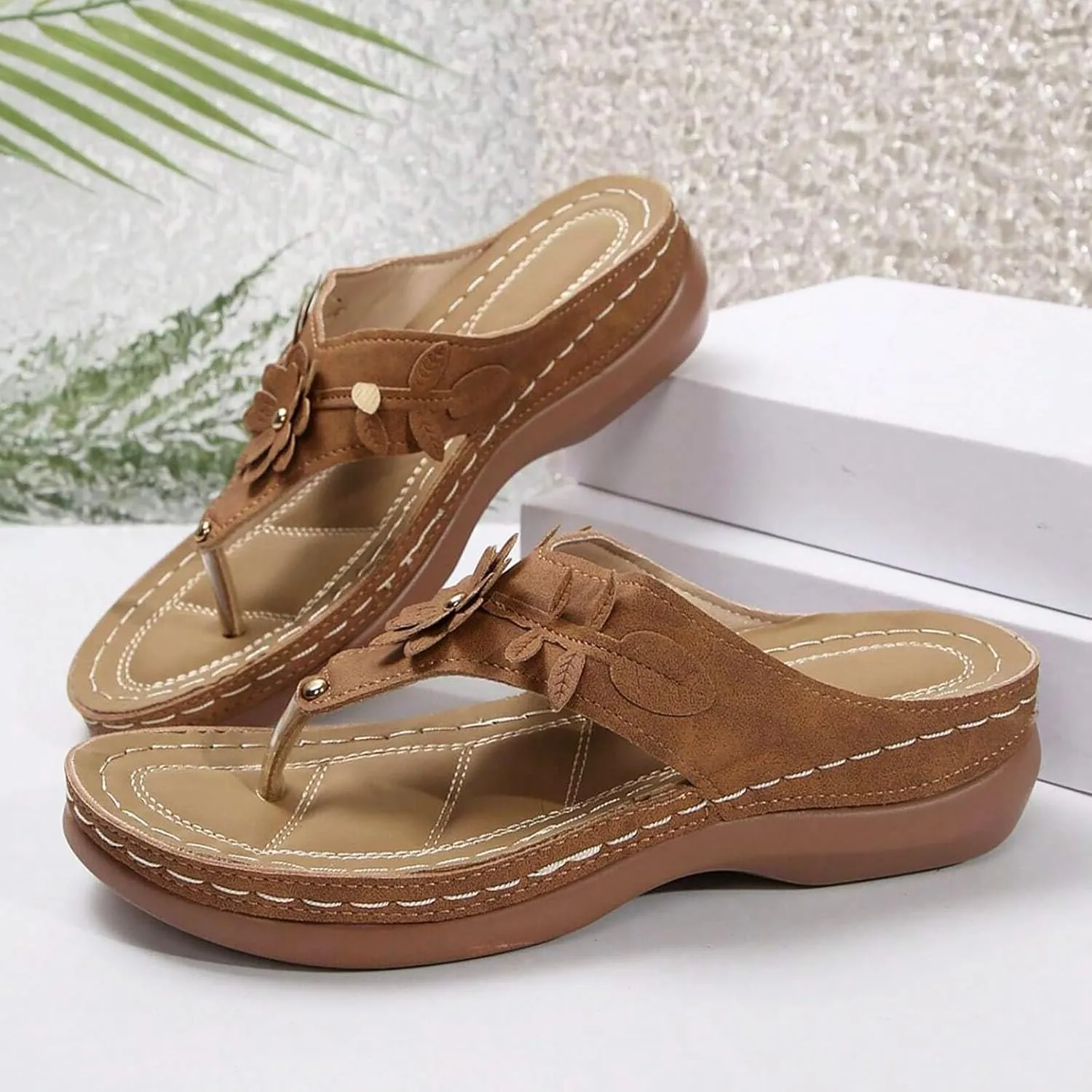 Orthopedic Slip on Sandals for Women 2025, Women Arch Support Flip Flops Wedge Sandals Comfortable Walking Sandals Platform Sandals Dressy Summer Slip on Sandals Thong Sandals Casual (4-Brown, 6.5)