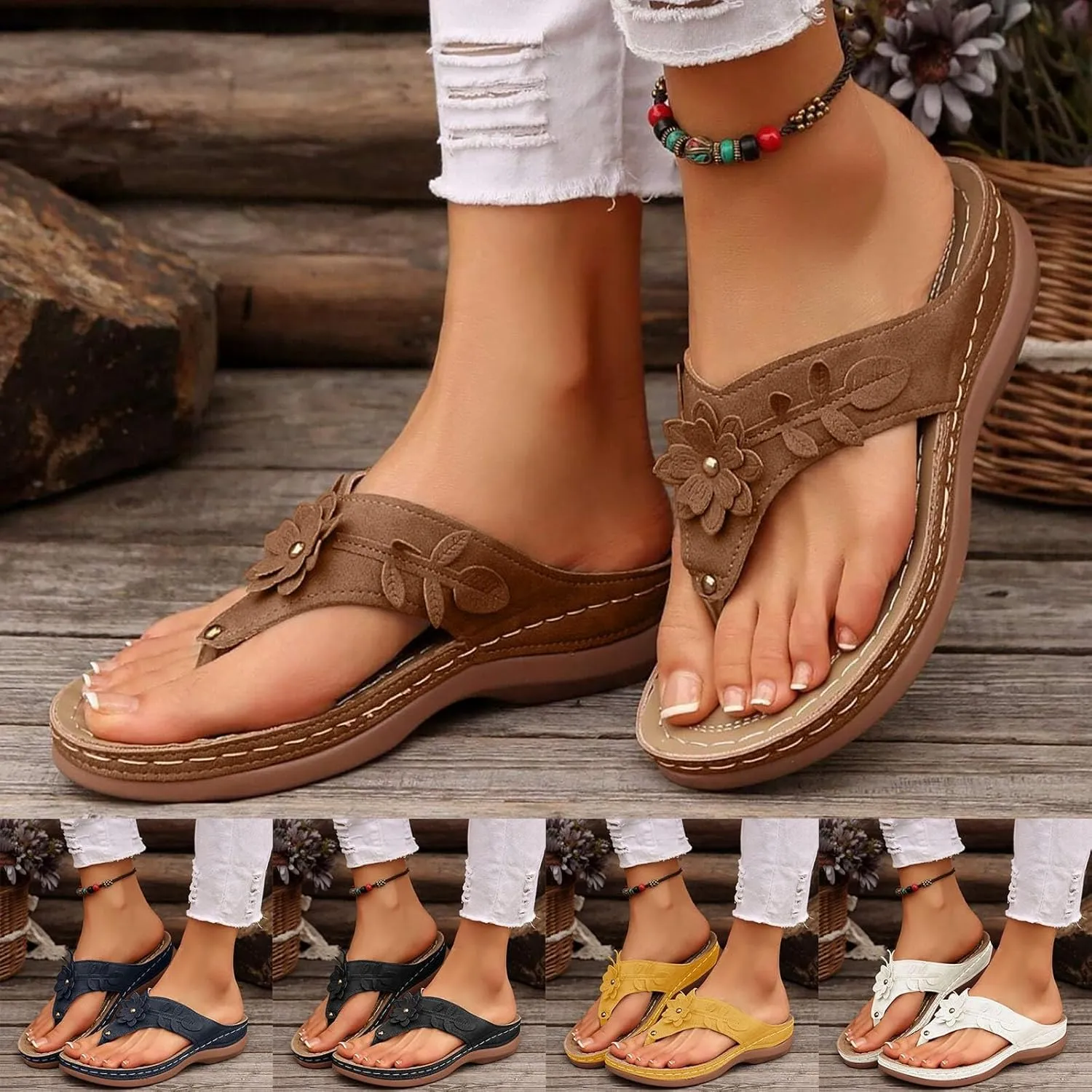 Orthopedic Slip on Sandals for Women 2025, Women Arch Support Flip Flops Wedge Sandals Comfortable Walking Sandals Platform Sandals Dressy Summer Slip on Sandals Thong Sandals Casual (4-Brown, 6.5)