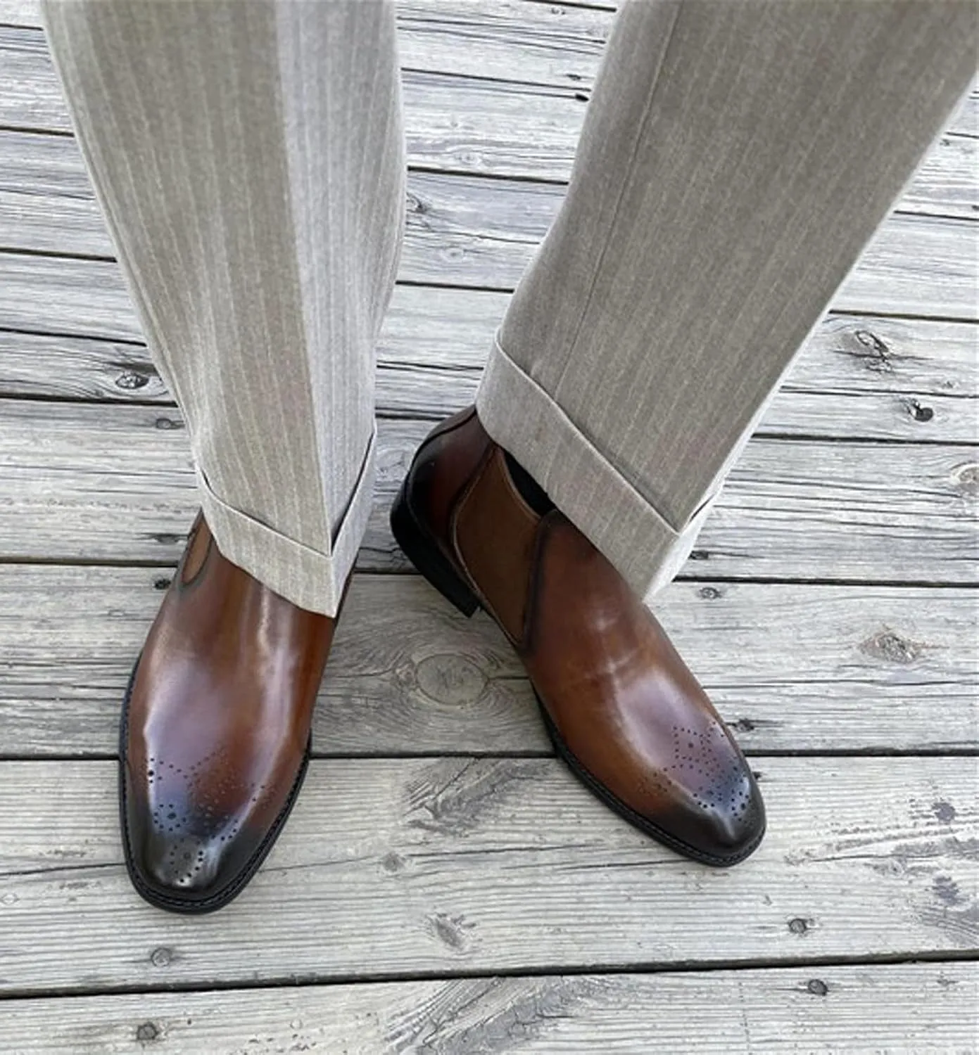 Santimon Mens Chelsea Boots Leather Casual Slip On Brogue Boots Formal Dress Ankle Boots For Men