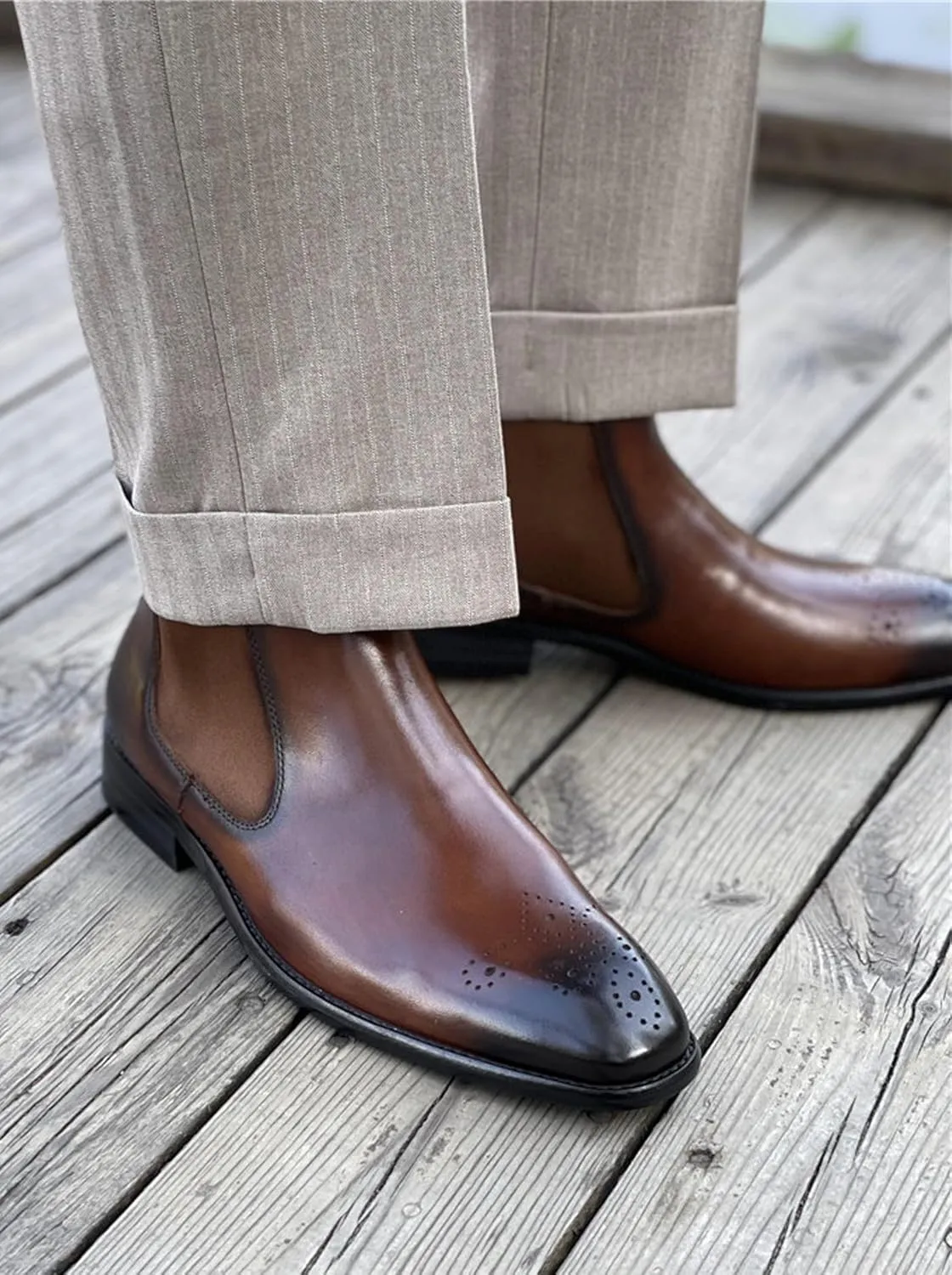 Santimon Mens Chelsea Boots Leather Casual Slip On Brogue Boots Formal Dress Ankle Boots For Men