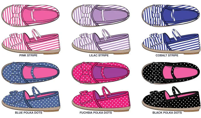 toddler prined canvas espadrille flats with matching bow & elastic strap Case of 36