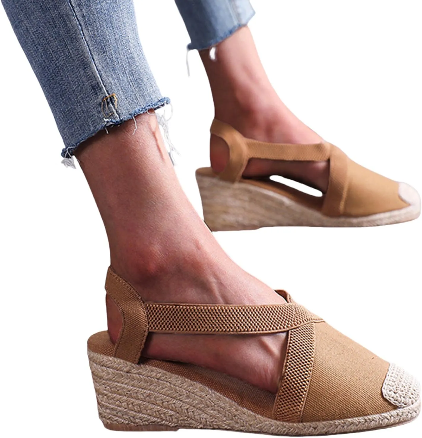 Women's Closed Toe Espadrille Wedges Sandals Cross Ankle Strap Slingback High Heels Slip On Beach Shoes