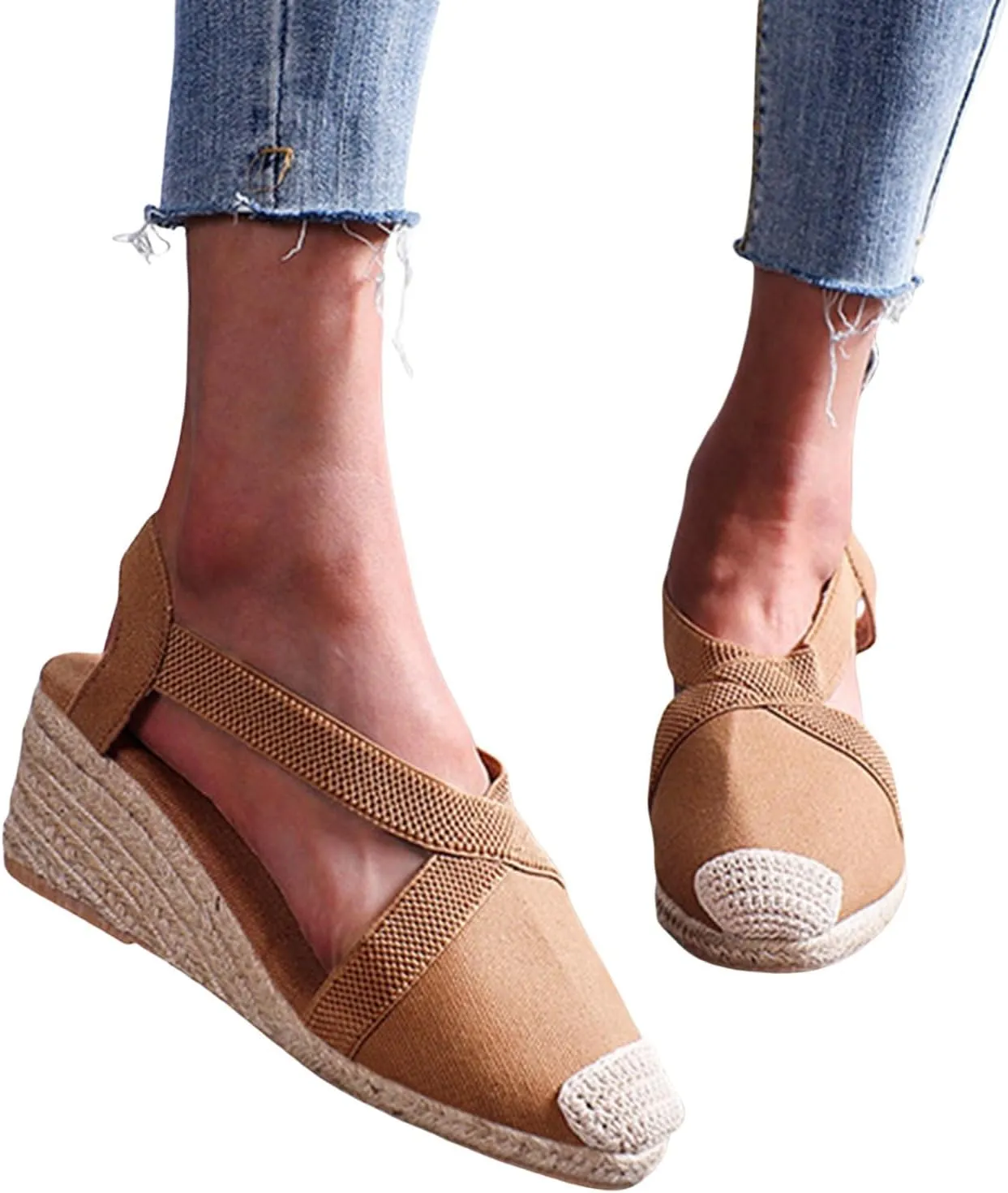Women's Closed Toe Espadrille Wedges Sandals Cross Ankle Strap Slingback High Heels Slip On Beach Shoes