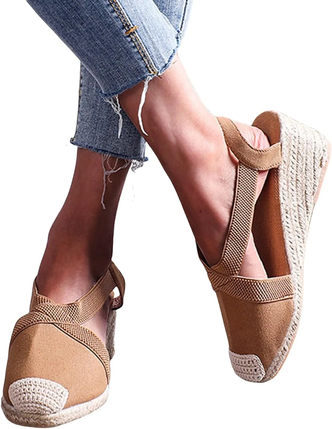 Women's Closed Toe Espadrille Wedges Sandals Cross Ankle Strap Slingback High Heels Slip On Beach Shoes