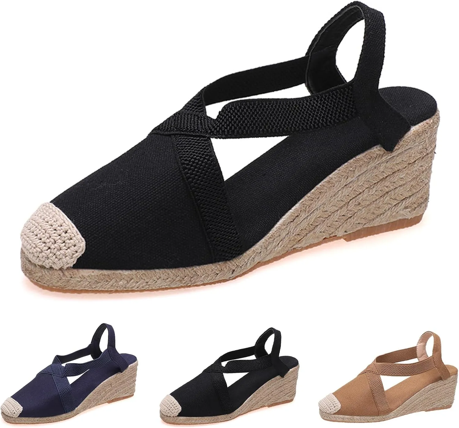 Women's Closed Toe Espadrille Wedges Sandals Cross Ankle Strap Slingback High Heels Slip On Beach Shoes