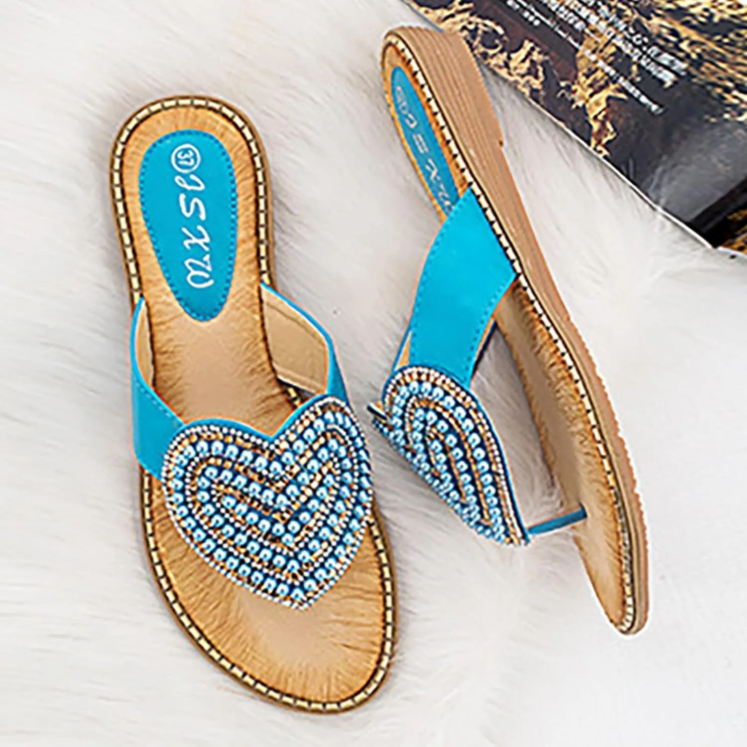 Womens Flat Slide Sandals Cute Casual Thong Sandal Bling Bohemian Slip on Beach Flats Sandals