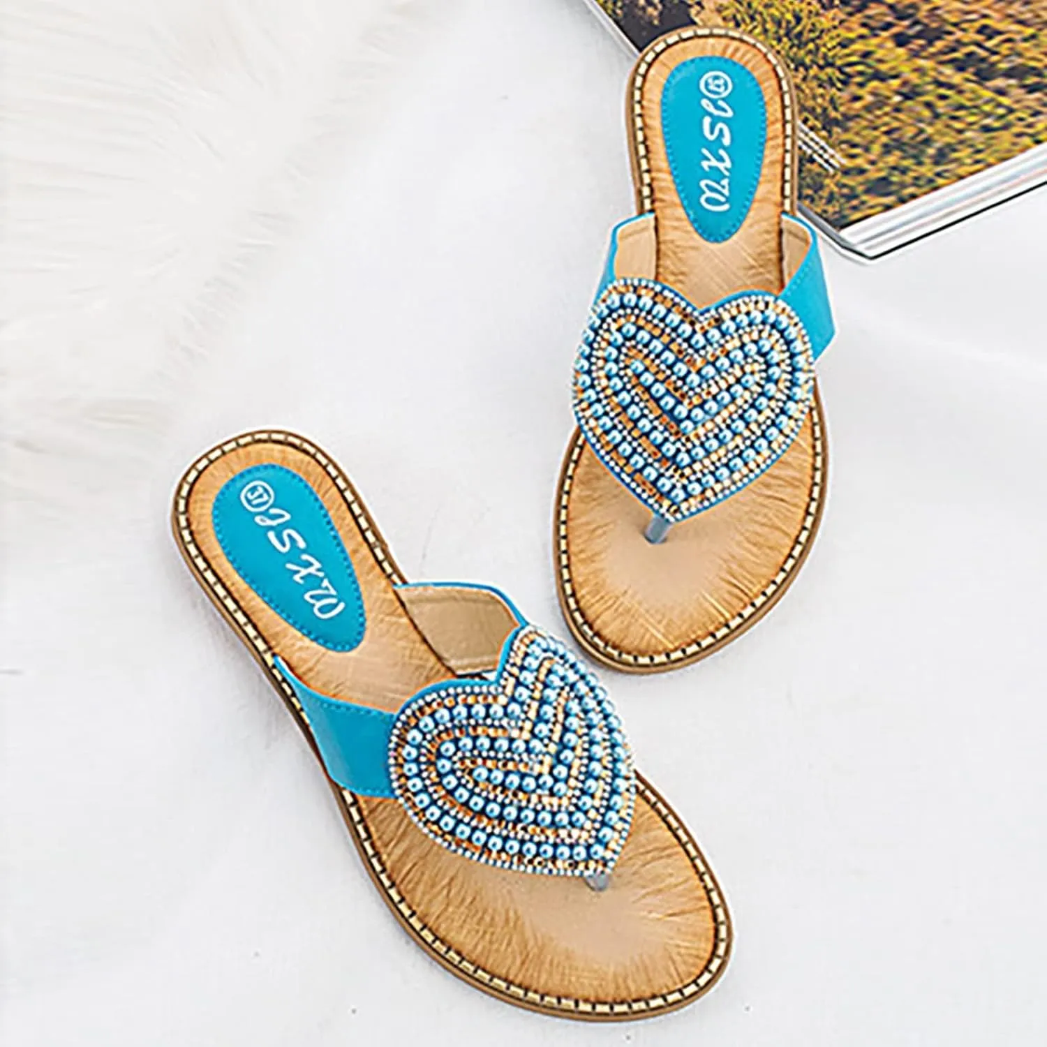 Womens Flat Slide Sandals Cute Casual Thong Sandal Bling Bohemian Slip on Beach Flats Sandals