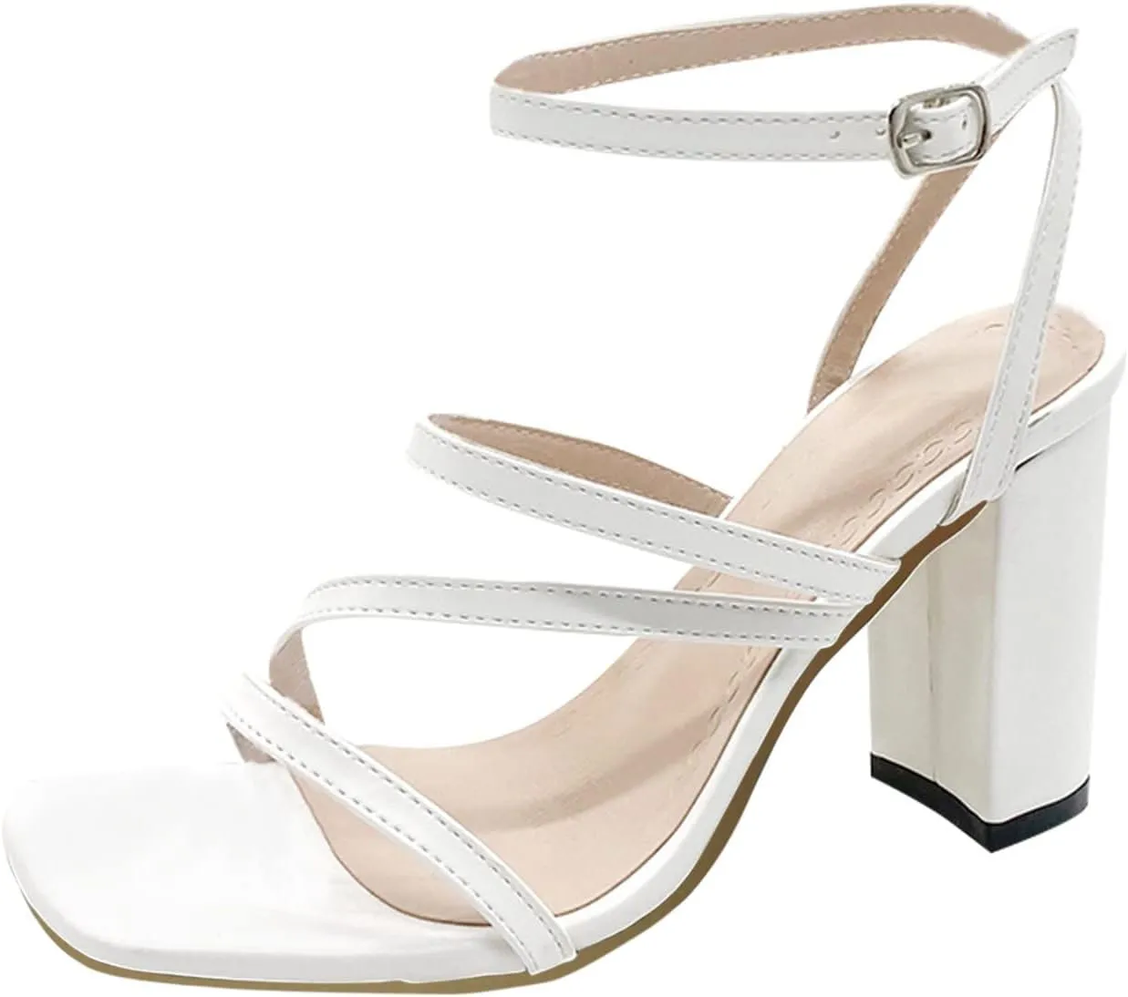 Women's Heels Chunky Block Strappy Square Open Toe Sandals Ankle Buckle Heeled Sandals Wedding Party Dress Shoes