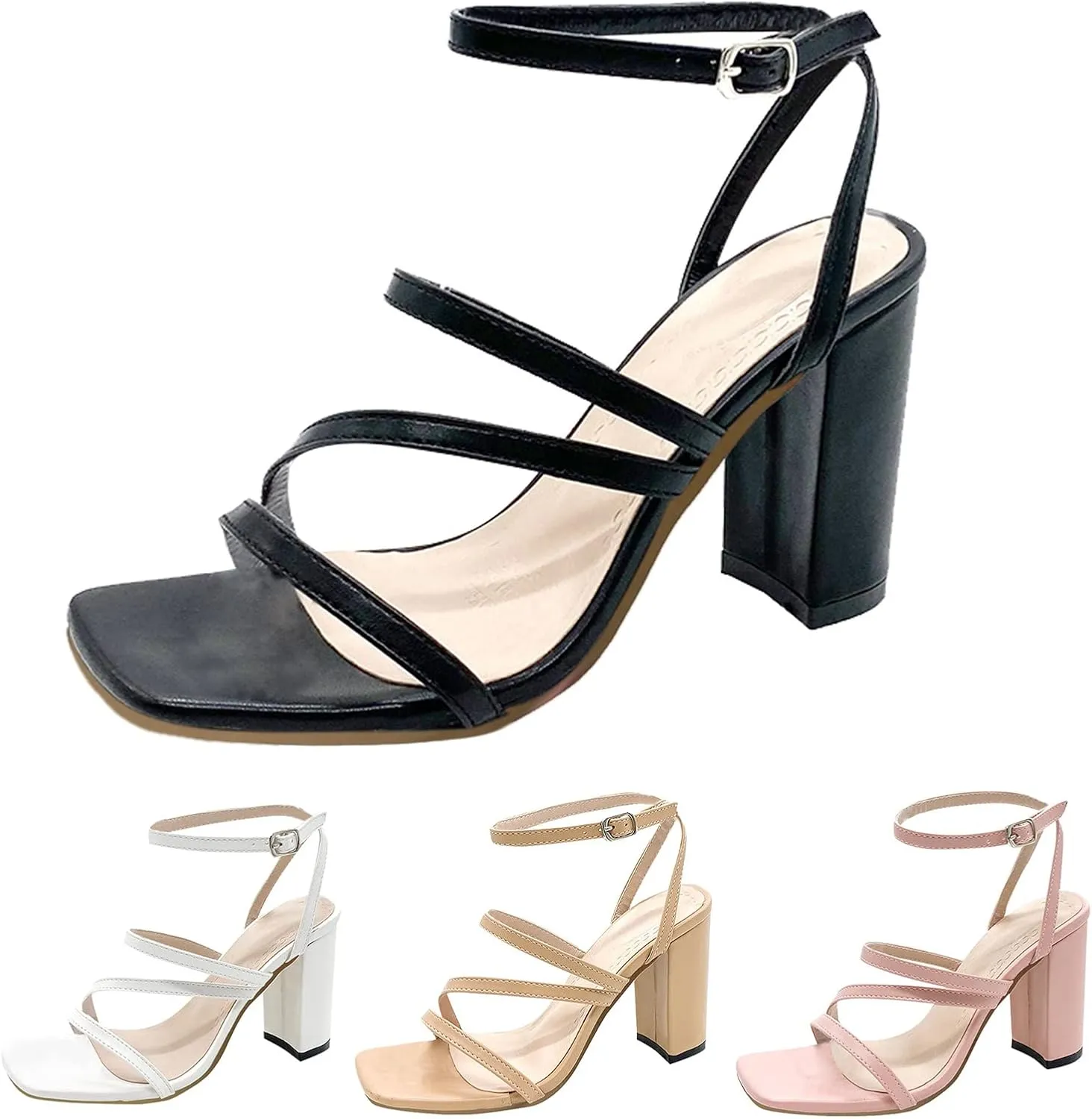 Women's Heels Chunky Block Strappy Square Open Toe Sandals Ankle Buckle Heeled Sandals Wedding Party Dress Shoes