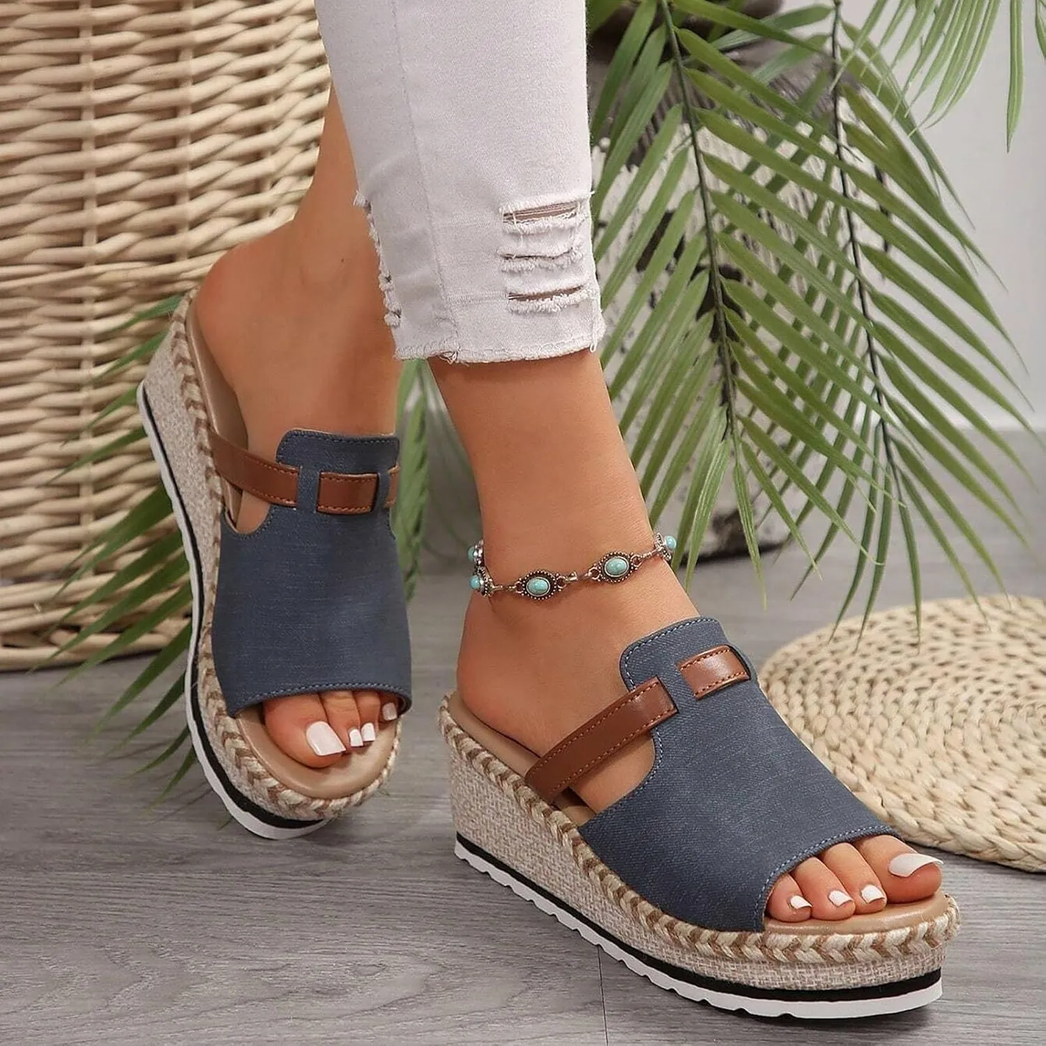 Womens Orthopedic Platform Wedge Sandals Open Toe Slip on Summer Dressy Ankle Strap Espadrilles Slippers