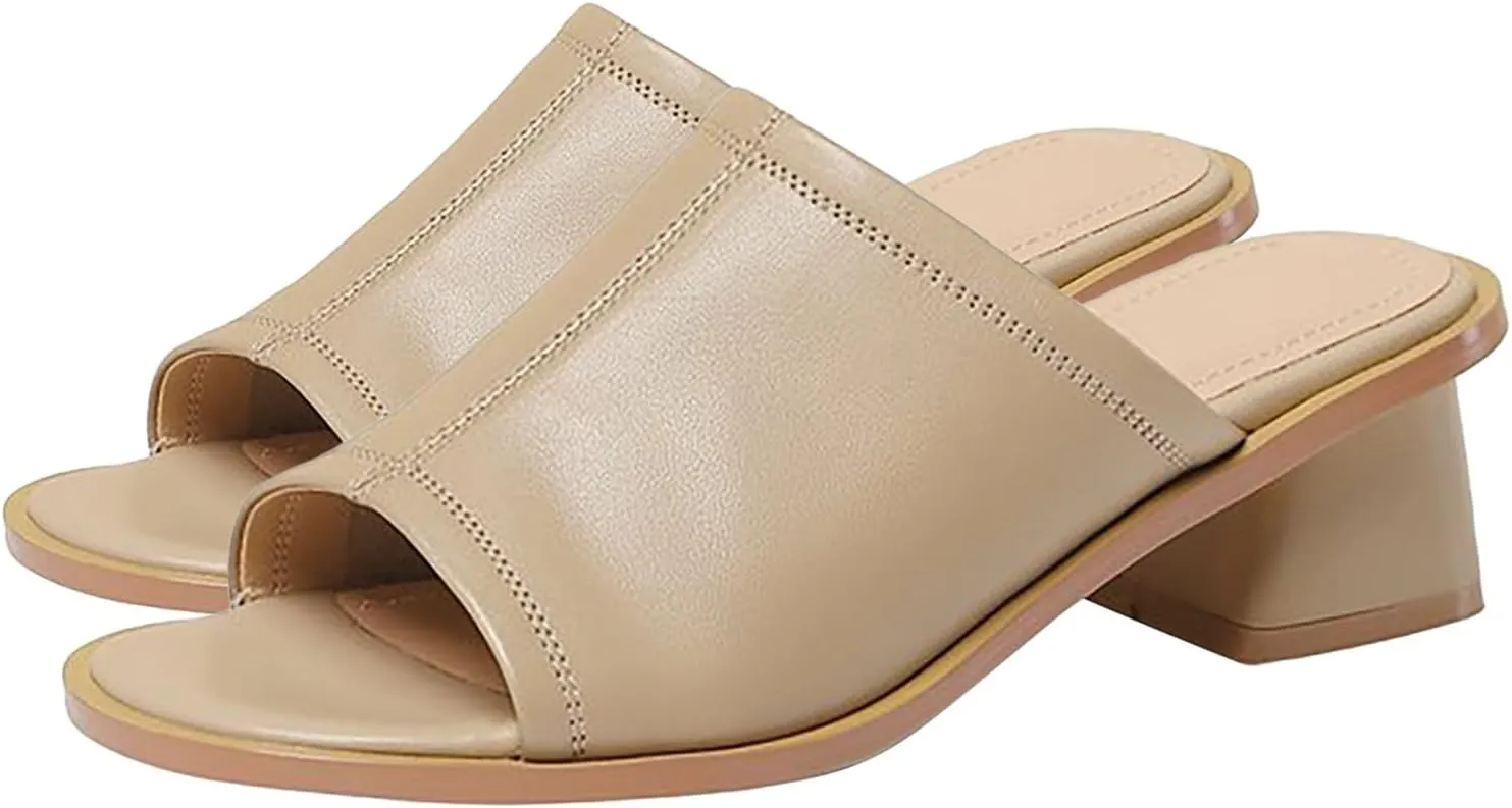 Women's Square Open Toe Heels Sandals Low Block Chunky Heeled Sandal Slip on Mules Casual Dress Pumps Shoes