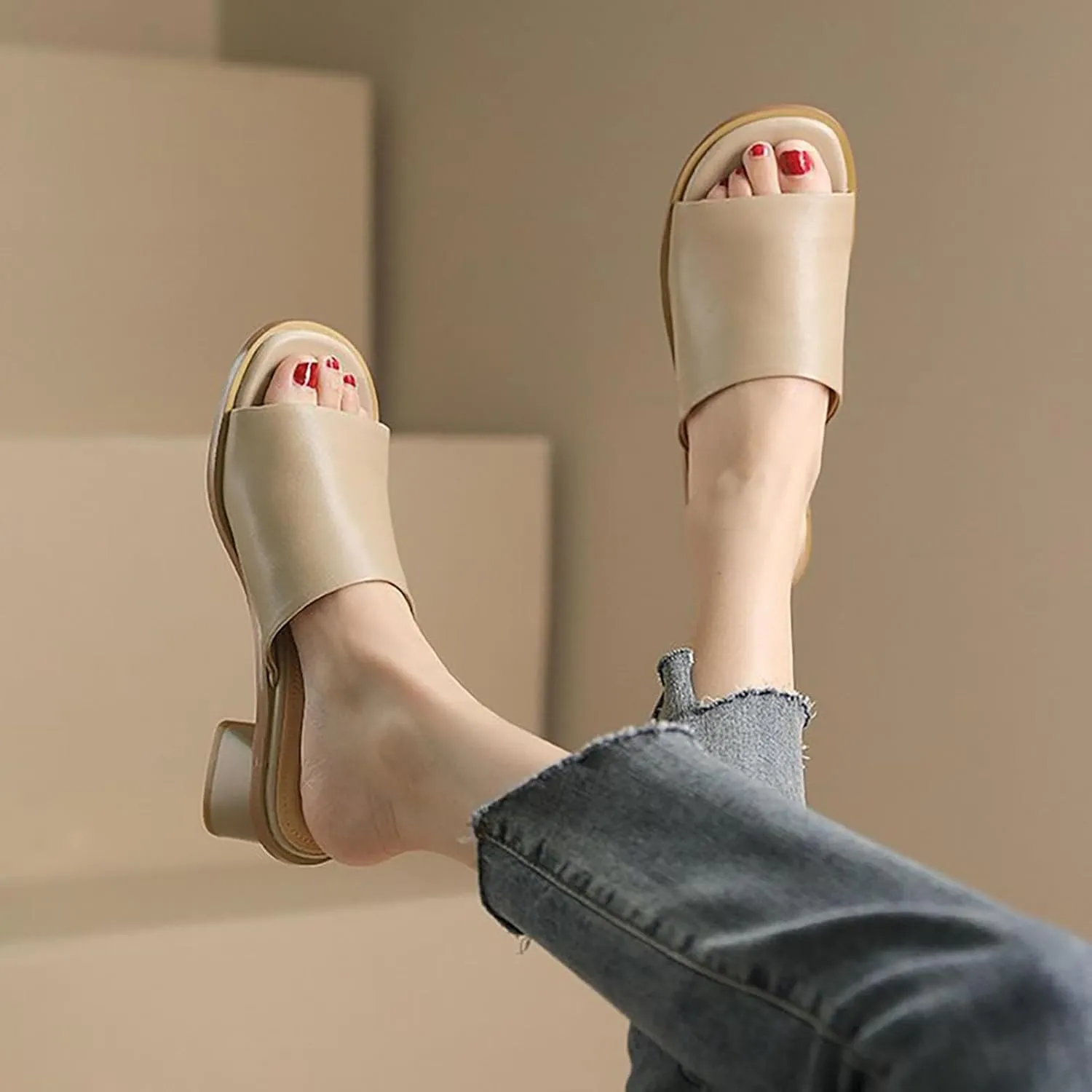 Women's Square Open Toe Heels Sandals Low Block Chunky Heeled Sandal Slip on Mules Casual Dress Pumps Shoes